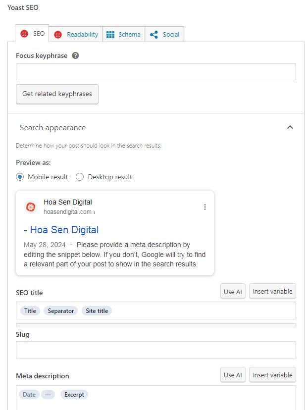 Giao diện hỗ trợ tối ưu SEO cho post của Yoast SEO