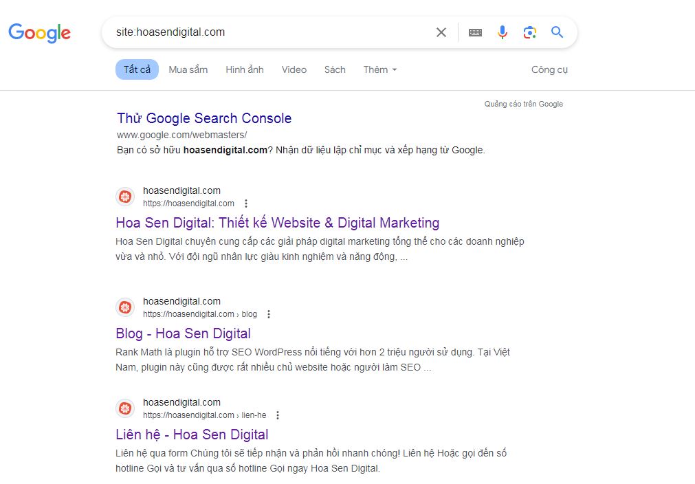 Check index trên Google - website Hoa Sen Digital