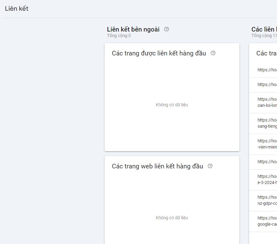 Không có dữ liệu thông tin liên kết trong Search Console
